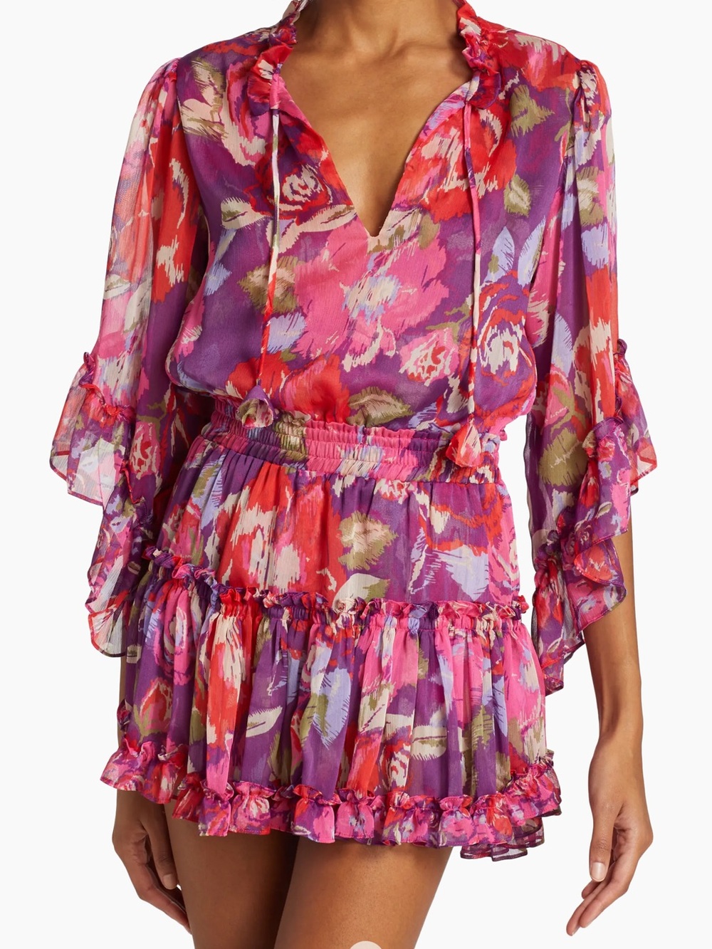 Misa Los Angeles Dress Ximena Floral Ruffle Tiered Boho Mini, large
